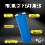 Loud Cup 23 oz Tumbler + Stadium Horn with Slide-Close Lid (Marlin Blue) - Insulated Cup Reusable Water Bottle Coffee Travel Mug - Worlds Loudest Cup for Game Day