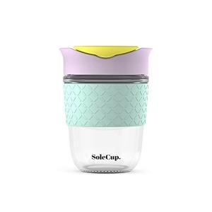 SoleCup. - Reusable Strengthened Glass Travel Cup - Spill Proof Insulated Coffee Mug - 12oz/340ml BPA-Free Hot Drink Travel Mug with Lid & Silicone Band (Ice Cream)