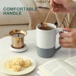 Ceramics Large Tea Cup with Loose Leaf Infuser, Spoon and Lid, 16 oz Tall Coffee Mug, Microwave and Dishwasher Safe, Rustic Matte Ceramic Glaze, Tea Strainer (Gray)