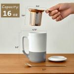 Ceramics Large Tea Cup with Loose Leaf Infuser, Spoon and Lid, 16 oz Tall Coffee Mug, Microwave and Dishwasher Safe, Rustic Matte Ceramic Glaze, Tea Strainer (Gray)