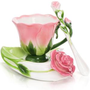 Cididu Pink Tea Cups with Saucer and Spoon, 4.5 Oz Small Ceramic Rose Flower Tea Cup Set for Women, Hand Crafted Vintage Coffee Latte Mug, Porcelain Fancy Teaware for Mother's Day Birthday Gift Party