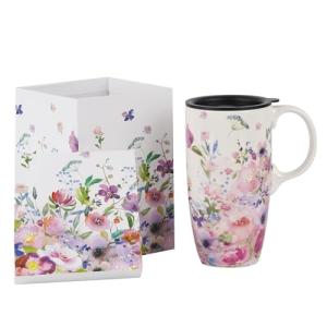Topadorn Ceramic Coffee Mug for Home & Office, 17oz. Porcelain Latte Travel Cup with Lid and Color Box, Pink Flower Art Tea Mug with Handle, 6.5" H