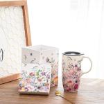 Topadorn Ceramic Coffee Mug for Home & Office, 17oz. Porcelain Latte Travel Cup with Lid and Color Box, Pink Flower Art Tea Mug with Handle, 6.5" H