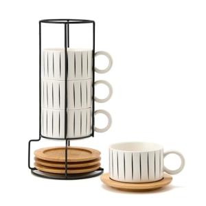 LUKA 6 Ounce Porcelain Stackable Espresso Cups with Saucers and Metal Stand Set of 4, Ceramic Cappuccino Cups Set for Specialty Coffee Drinks, Latte, Cafe Mocha and Tea, Stripes, White