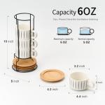 LUKA 6 Ounce Porcelain Stackable Espresso Cups with Saucers and Metal Stand Set of 4, Ceramic Cappuccino Cups Set for Specialty Coffee Drinks, Latte, Cafe Mocha and Tea, Stripes, White