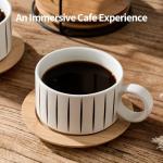 LUKA 6 Ounce Porcelain Stackable Espresso Cups with Saucers and Metal Stand Set of 4, Ceramic Cappuccino Cups Set for Specialty Coffee Drinks, Latte, Cafe Mocha and Tea, Stripes, White