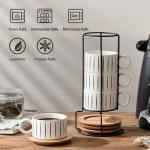 LUKA 6 Ounce Porcelain Stackable Espresso Cups with Saucers and Metal Stand Set of 4, Ceramic Cappuccino Cups Set for Specialty Coffee Drinks, Latte, Cafe Mocha and Tea, Stripes, White