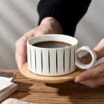 LUKA 6 Ounce Porcelain Stackable Espresso Cups with Saucers and Metal Stand Set of 4, Ceramic Cappuccino Cups Set for Specialty Coffee Drinks, Latte, Cafe Mocha and Tea, Stripes, White