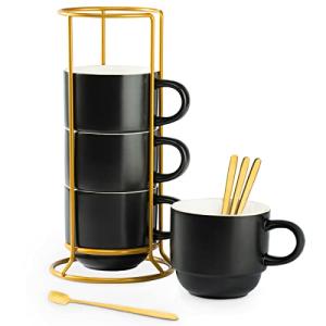 YHOSSEUN Porcelain Stackable Coffee Mugs Set With Rack, Espresso Cups with Stand Stir Spoons, 11 Oz Coffee Cups Demitasse Cup for Latte, Macchiato, Cafe Mocha Set of 4, Black