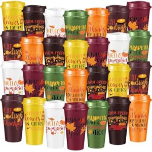 Pickmesh 28 Pack Fall Thanksgiving Reusable Coffee Cup Gifts 16 oz Thanksgiving Cups Pumpkin Tumblers with Lid Plastic Travel Coffee Mug for Hot and Cold Drinks Autumn Birthday Party Supplies