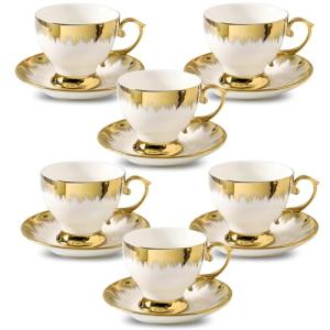 LETAOTAO Tea Cups and Saucers Set of 6, 7 oz Ceramic Turkish Coffee Cup With Gold Trim for Cappuccino, Latte, Mocha, Au Lait, Double Espresso, White