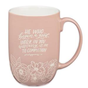 Christian Art Gifts Large Inspirational Scripture Ceramic Novelty Coffee & Tea Mug for Women: Began a Good Work Encouraging Bible Verse, Cute Laser Engraved Non-toxic Cup, Pink & White Floral, 15 oz.