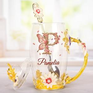 Macorner Monogram Personalized Enamel Flower Teacup, Monogram Cup Custom Name Teacup, Birthday Gifts