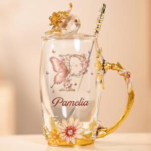 Joy Crafters Christmas Birthday Gifts For Mom, Daughter, Personalized Enamel Flower Tea Cup With Spoon, Gigi Gifts For Grandma, Custom 14 Oz Glass Coffee Cups For Tea Lovers, Best Friends, Besties