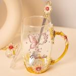 Joy Crafters Christmas Birthday Gifts For Mom, Daughter, Personalized Enamel Flower Tea Cup With Spoon, Gigi Gifts For Grandma, Custom 14 Oz Glass Coffee Cups For Tea Lovers, Best Friends, Besties