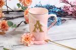 Letter A Personalized Initial Marble Coffee Mug, Bridal Shower Gifts, Man and Women's Initials Gifts 14 Ounce Pink With Gift Box