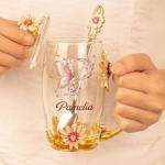 Joy Crafters Christmas Birthday Gifts For Mom, Daughter, Personalized Enamel Flower Tea Cup With Spoon, Gigi Gifts For Grandma, Custom 14 Oz Glass Coffee Cups For Tea Lovers, Best Friends, Besties
