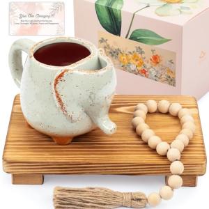 AVENTA California Designed & Packaged Self Care Gifts For Women Stress Relief - Adorable Elephant Tea Cup & Beads Garland & Decorative Stand For Daily Mindful Tea Ritural - Antique Light Brown