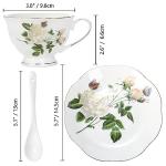 Foraineam Tea Cup and Saucer Set, Porcelain Ivory Floral Coffee Cups with Saucers and Spoons, 6 oz Tea Cup Set with Gold Trim, Latte Cups and Espresso Mug for Coffee Drinks, Latte and Tea, Set of 6