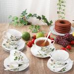 Foraineam Tea Cup and Saucer Set, Porcelain Ivory Floral Coffee Cups with Saucers and Spoons, 6 oz Tea Cup Set with Gold Trim, Latte Cups and Espresso Mug for Coffee Drinks, Latte and Tea, Set of 6