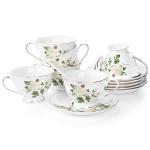 Foraineam Tea Cup and Saucer Set, Porcelain Ivory Floral Coffee Cups with Saucers and Spoons, 6 oz Tea Cup Set with Gold Trim, Latte Cups and Espresso Mug for Coffee Drinks, Latte and Tea, Set of 6