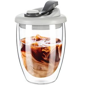 PARACITY Double Wall Glass Coffee Mug, Glass Coffee Cup with Silicone Lid 12 OZ, Insulated Coffee Mug for Milk, High Borosilicate Glass Double Walled Cup for Travel & Home(Grey)