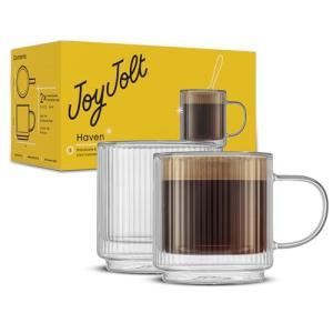 JoyJolt Haven Stackable Fluted Glass Mugs, Set of 2 Ribbed Double Wall Insulated Coffee Cups, 13.5oz Clear Mugs