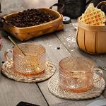 Gezzeny Vintage Coffee Mugs 14 Oz Set of 2 Amber Embossed Glass Tea Cups for Cappccino, Latte,Cereal, Yogurt, Beverage Christmas Thanksgiving Day Gifts
