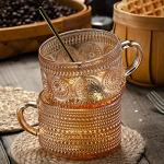 Gezzeny Vintage Coffee Mugs 14 Oz Set of 2 Amber Embossed Glass Tea Cups for Cappccino, Latte,Cereal, Yogurt, Beverage Christmas Thanksgiving Day Gifts