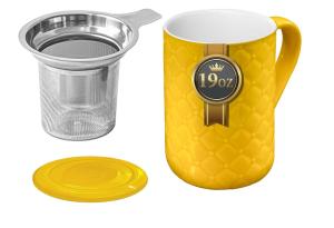 Yachi 19oz Ceramic Tea Mug with Infuser and Lid Loose Leaf Tea Steeper Microwave & Dishwasher Safe for Tea, Coffee, Milk, Home & Office (Yellow Embossed Porcelain Tea Cup)
