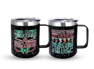 ROCKY LEAF Christmas Mugs Set of 2-12 Oz Double Wall Stainless Steel Insulated Holiday Coffee Mugs with Handle and Stronghold Lid- Ideal Gift for Coffee Lovers, Family and Friends