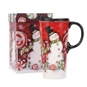 Topadorn Coffee Ceramic Mug Porcelain Latte Tea Cup With Lid in Gift Box 17oz., Santa Snowman