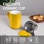 Yachi 19oz Ceramic Tea Mug with Infuser and Lid Loose Leaf Tea Steeper Microwave & Dishwasher Safe for Tea, Coffee, Milk, Home & Office (Yellow Embossed Porcelain Tea Cup)