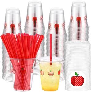 Blushtier 100 Pcs 12 oz Christmas Plastic Cups Apple Pattern Disposable Cups with Lids and Straws for Juice Water Milk Coffee Tea(Geometric Patterns Style)
