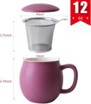 Yundu 12 OZ Matte Purple Ceramics Teacup with Infuser and Lid, Mug with Lid for Steeping - Stainless Steel Infuser for Loose Leaf Tea, Home Office Gift for Tea Lovers