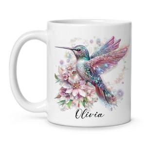 Colorful Custom Hummingbird Coffee Mug, Sparkling Themed Ceramic Cup, Gift For Bird Lovers, Personalized Unique Name On Hummingbird White Mug, Custom Glitter Animal Mug 11oz 15oz