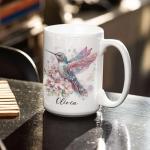 Colorful Custom Hummingbird Coffee Mug, Sparkling Themed Ceramic Cup, Gift For Bird Lovers, Personalized Unique Name On Hummingbird White Mug, Custom Glitter Animal Mug 11oz 15oz