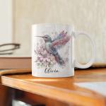 Colorful Custom Hummingbird Coffee Mug, Sparkling Themed Ceramic Cup, Gift For Bird Lovers, Personalized Unique Name On Hummingbird White Mug, Custom Glitter Animal Mug 11oz 15oz