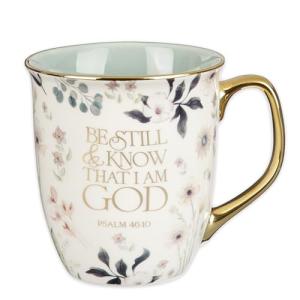 Christian Art Gifts Large Ceramic Inspirational Scripture Coffee & Tea Mug for Women: Be Still & Know Bible Verse Psalm, Cute Novelty Non-toxic Golden Beverage Cup, White & Light Teal Floral, 14 oz.