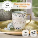 Christian Art Gifts Large Ceramic Inspirational Scripture Coffee & Tea Mug for Women: Be Still & Know Bible Verse Psalm, Cute Novelty Non-toxic Golden Beverage Cup, White & Light Teal Floral, 14 oz.