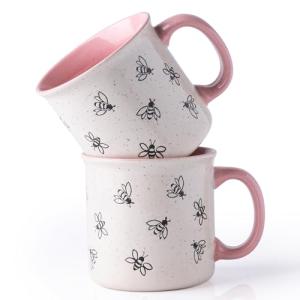 AmorArc 22 OZ Large Ceramic Coffee Mugs, Oversized Soup Cups With Big Handle for Men Women Dad Mom, Big Mug With Textured Bees Patterns for Office & Home -Microwave Safe, 2 Pcs