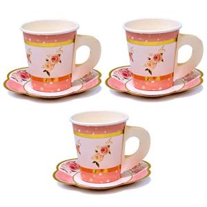 Gift Boutique 36 Paper Tea Cups with Handles and 36 Floral Shaped Saucers Disposable Teacup Set for Kids Adults Birthday Baby Bridal Shower Tea Party