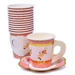Gift Boutique 36 Paper Tea Cups with Handles and 36 Floral Shaped Saucers Disposable Teacup Set for Kids Adults Birthday Baby Bridal Shower Tea Party