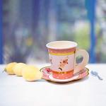 Gift Boutique 36 Paper Tea Cups with Handles and 36 Floral Shaped Saucers Disposable Teacup Set for Kids Adults Birthday Baby Bridal Shower Tea Party