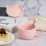 Koolkatkoo Pink Cat Mug Ceramic Coffee Cup - Tea Cup with Lid and spoon, Ceramic Animals inside, Mugs for Women, Valentine's Day Mother's Day Pink Gifts, 10oz