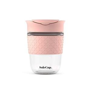 SoleCup. - Reusable Strengthened Glass Travel Cup - Spill Proof Insulated Coffee Mug - 12oz/340ml BPA-Free Hot Drink Travel Mug with Lid & Silicone Band (Pink)