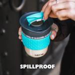 SoleCup. - Reusable Strengthened Glass Travel Cup - Spill Proof Insulated Coffee Mug - 12oz/340ml BPA-Free Hot Drink Travel Mug with Lid & Silicone Band (Pink)