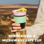 SoleCup. - Reusable Strengthened Glass Travel Cup - Spill Proof Insulated Coffee Mug - 12oz/340ml BPA-Free Hot Drink Travel Mug with Lid & Silicone Band (Pink)