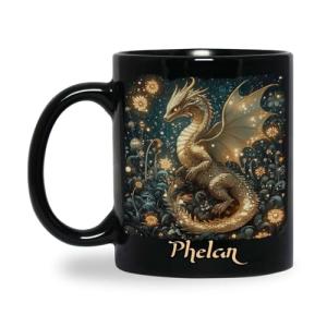 Mystical Dragon Ceramic Cup, Customized Choose Name Coffee Mug 11oz, Gift For Dragon Lovers, Personalized Floral Animal Black Cup, Custom Nature Inspired Mug, Glitter Dragon Mug