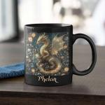 Mystical Dragon Ceramic Cup, Customized Choose Name Coffee Mug 11oz, Gift For Dragon Lovers, Personalized Floral Animal Black Cup, Custom Nature Inspired Mug, Glitter Dragon Mug
